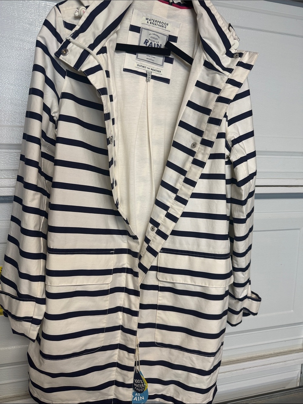Joules Cream and Navy Striped Trench Coat with Hood